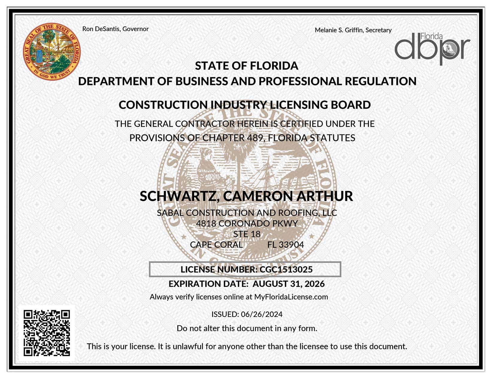 Florida Certified General Contractor - Expiring on August 31, 2026